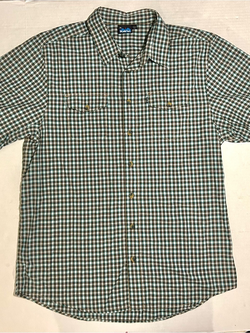 Kavu Blue Plaid Shirt Mens Size XL Short Sleeve Button Up Cotton Hiking Gorpcore